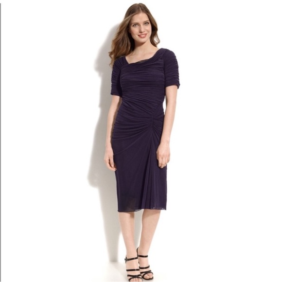 Tadashi Shoji Navy Ruched Midi Dress - Picture 1 of 7